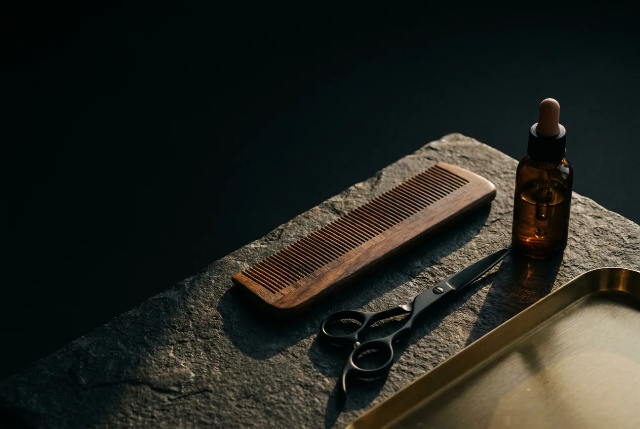 Bodegón sobre piedra oscura: peine de madera, tijeras de barbero y frasco de vidrio ámbar