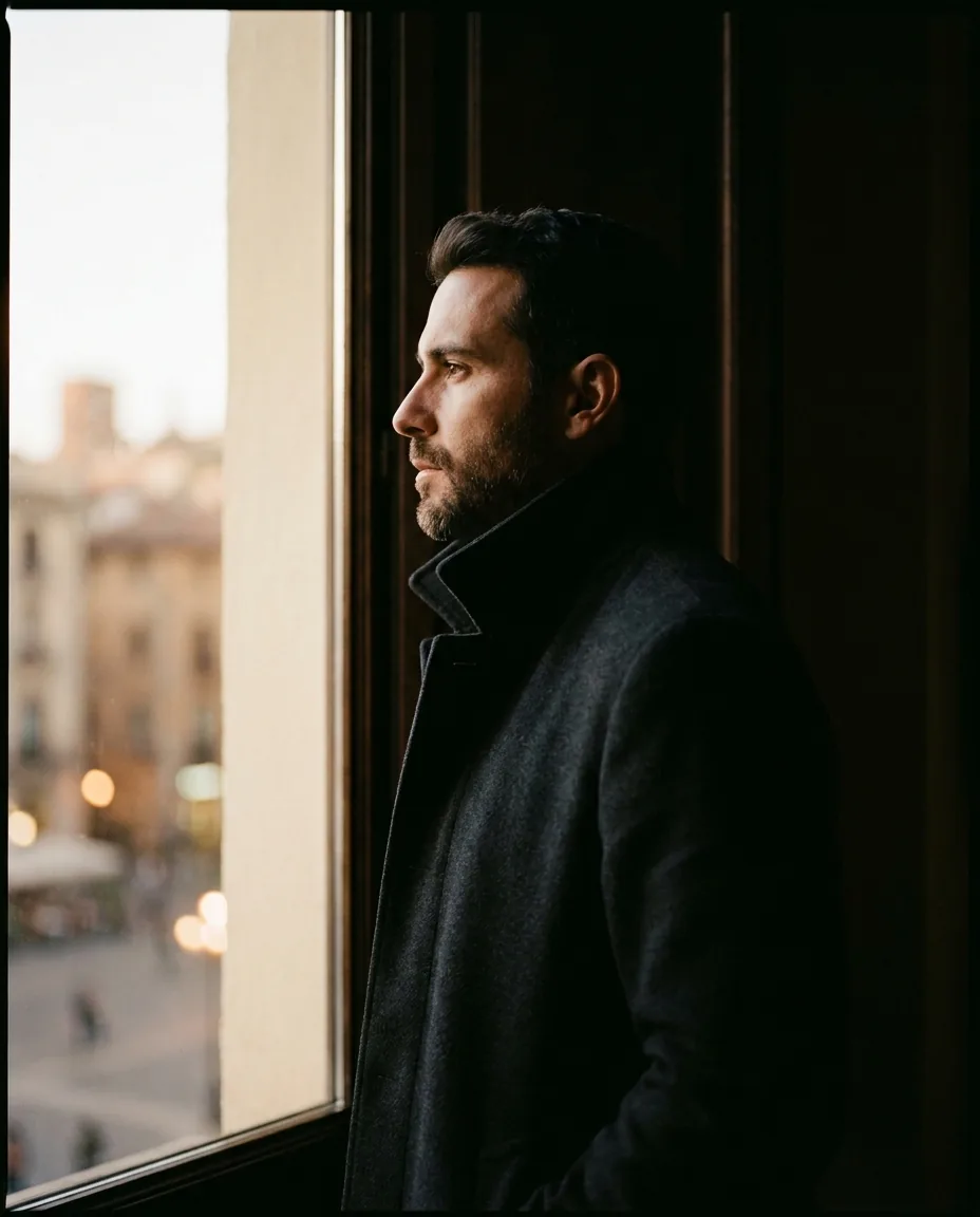 Hombre con abrigo mirando una ciudad al atardecer desde una ventana