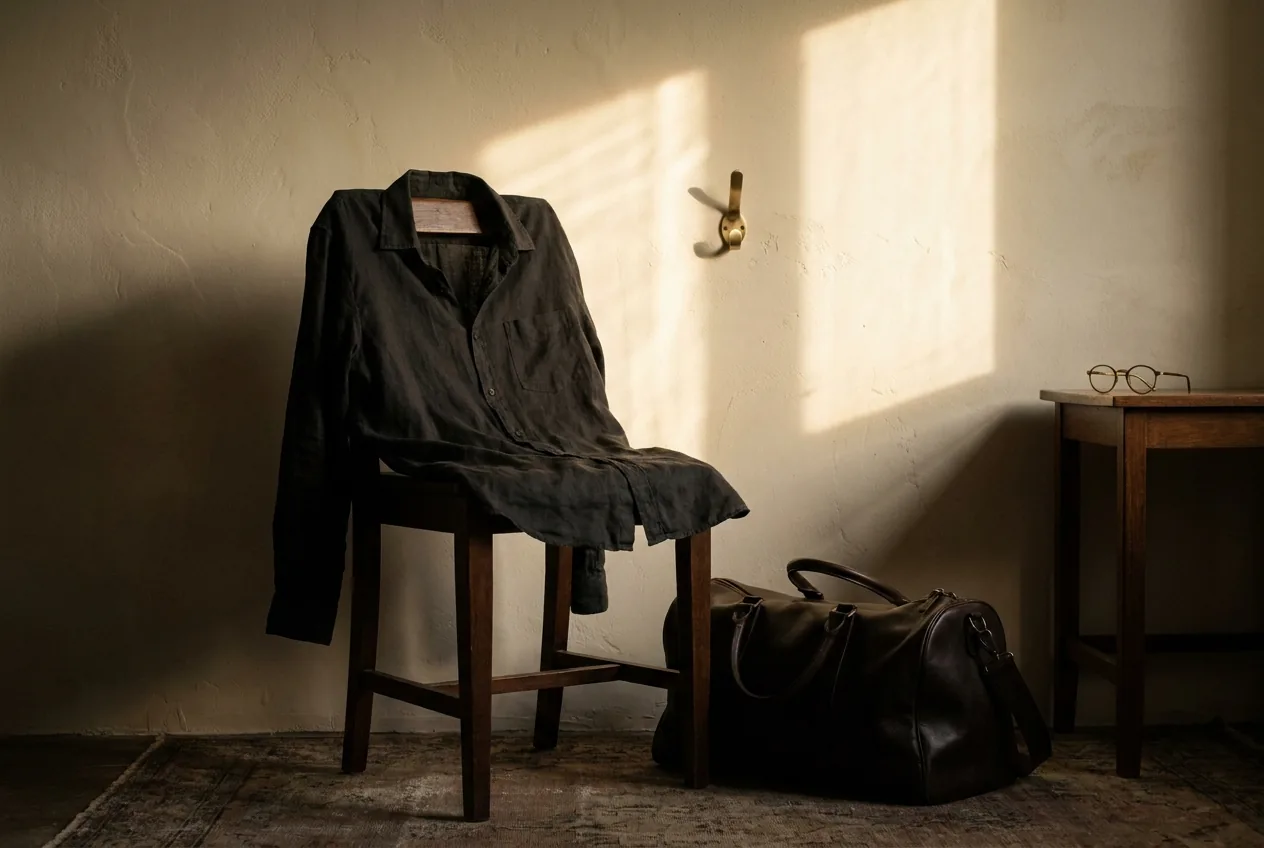 Camisa de lino oscura sobre una silla de madera junto a una bolsa de cuero, luz cálida