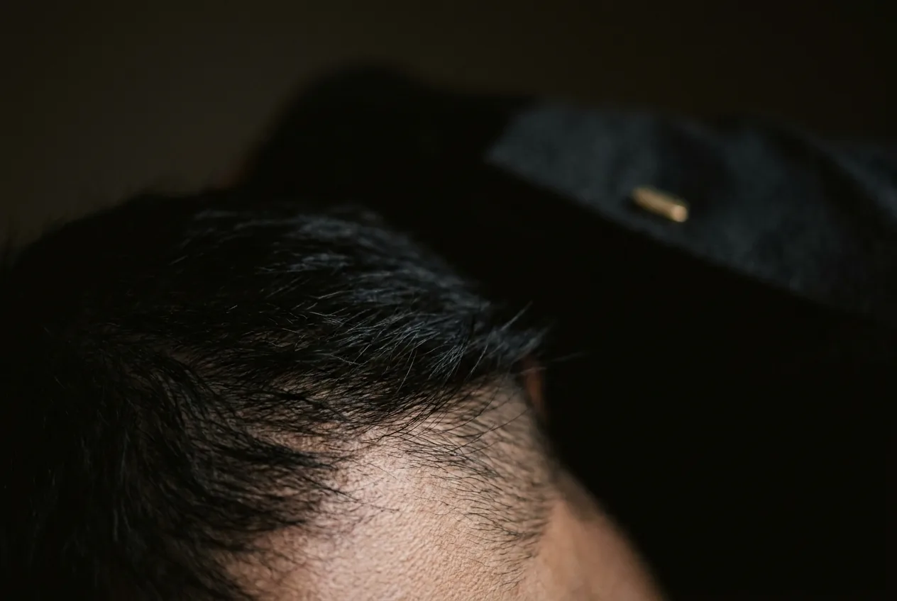 Detalle macro de la línea de nacimiento del pelo de un hombre, luz lateral