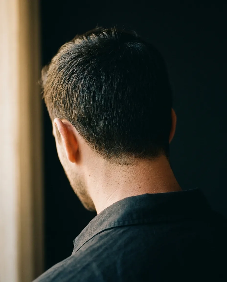 Nuca y coronilla de un hombre con pelo corto denso, luz lateral revelando la textura del cabello